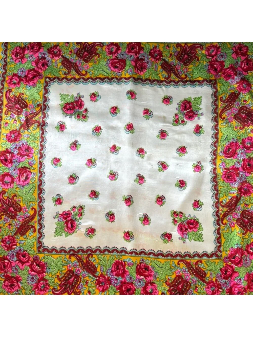 VTG Floral Yellow White Satin‎ Scarf Pink Rose Print Paisley Border 27” Square